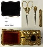 Antique c.1810 French Empire Sewing Etui, Case in Tortoise Shell Pique of Gold, Silver, Tools Inside