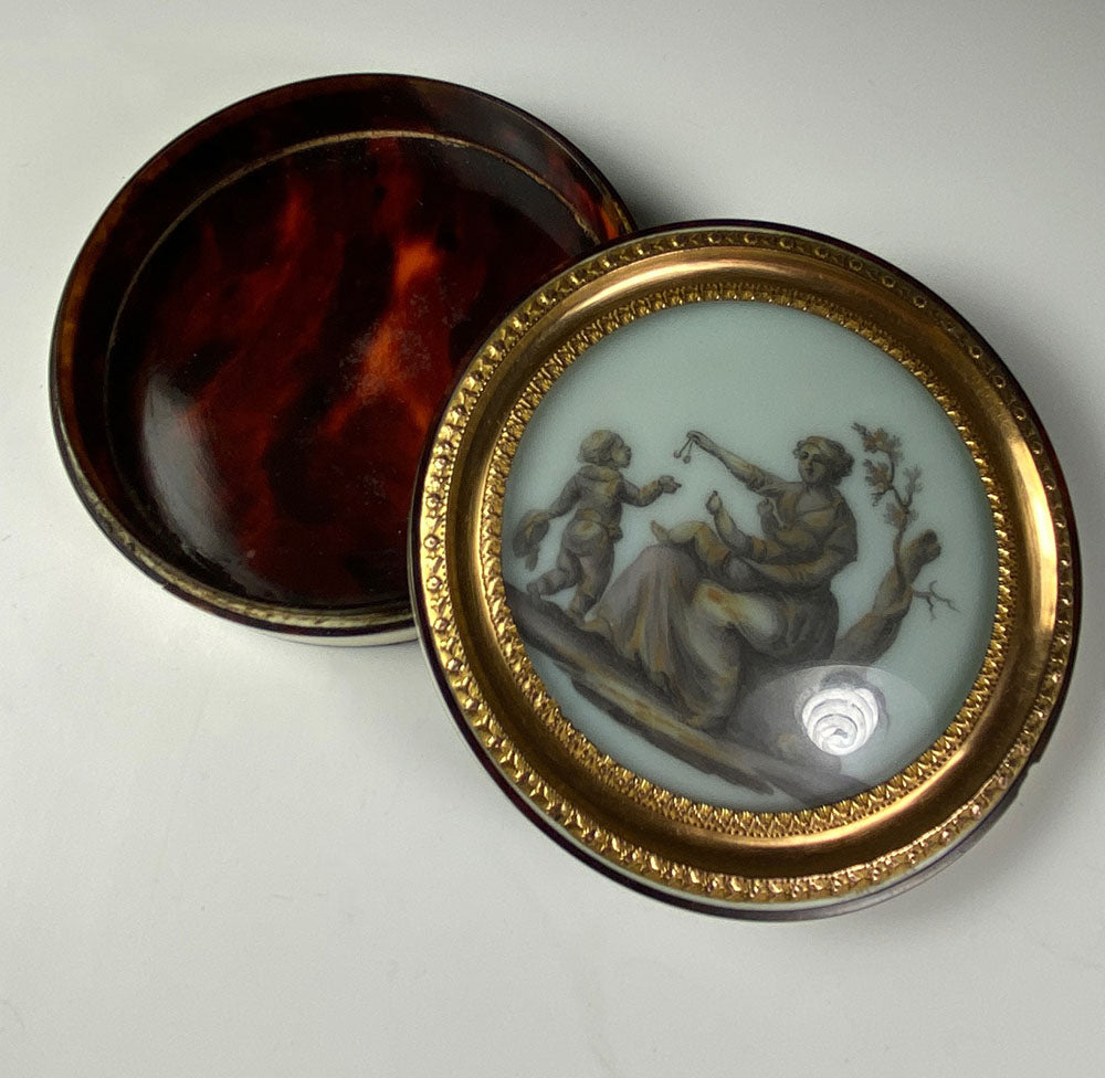 Antique French Bonboniere or Snuff Box, c.1770-1800, Tortoise Shell and Ivory, Miniature Portrait Painting