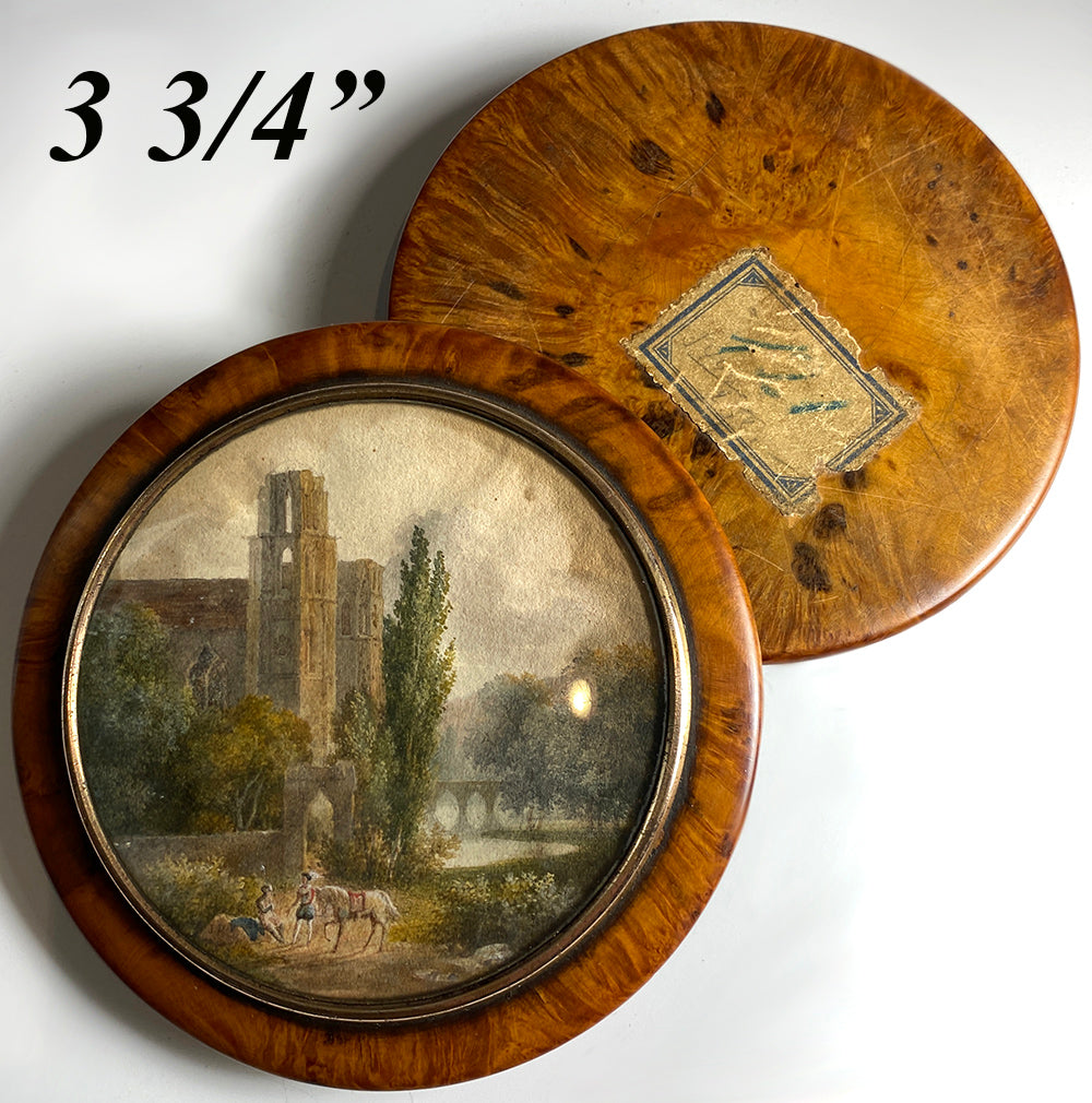 Antique Hand Painted Pastoral Landscape Miniature, Table Snuff Box, Portrait of Couple, Architecture, Bridge