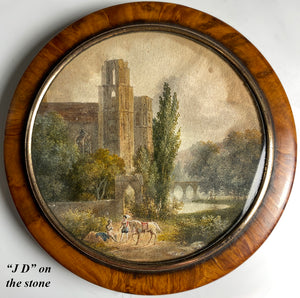 Antique Hand Painted Pastoral Landscape Miniature, Table Snuff Box, Portrait of Couple, Architecture, Bridge