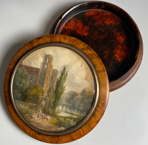 Antique Hand Painted Pastoral Landscape Miniature, Table Snuff Box, Portrait of Couple, Architecture, Bridge