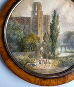 Antique Hand Painted Pastoral Landscape Miniature, Table Snuff Box, Portrait of Couple, Architecture, Bridge