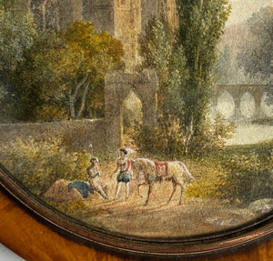 Antique Hand Painted Pastoral Landscape Miniature, Table Snuff Box, Portrait of Couple, Architecture, Bridge