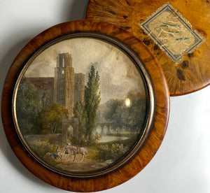 Antique Hand Painted Pastoral Landscape Miniature, Table Snuff Box, Portrait of Couple, Architecture, Bridge