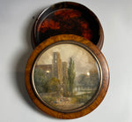 Antique Hand Painted Pastoral Landscape Miniature, Table Snuff Box, Portrait of Couple, Architecture, Bridge