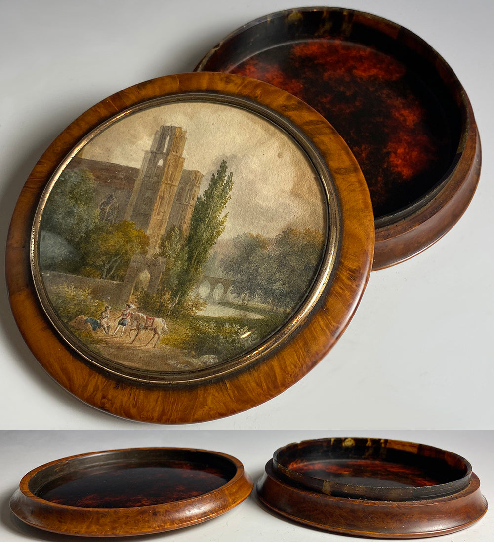 Antique Hand Painted Pastoral Landscape Miniature, Table Snuff Box, Portrait of Couple, Architecture, Bridge