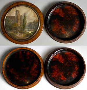 Antique Hand Painted Pastoral Landscape Miniature, Table Snuff Box, Portrait of Couple, Architecture, Bridge