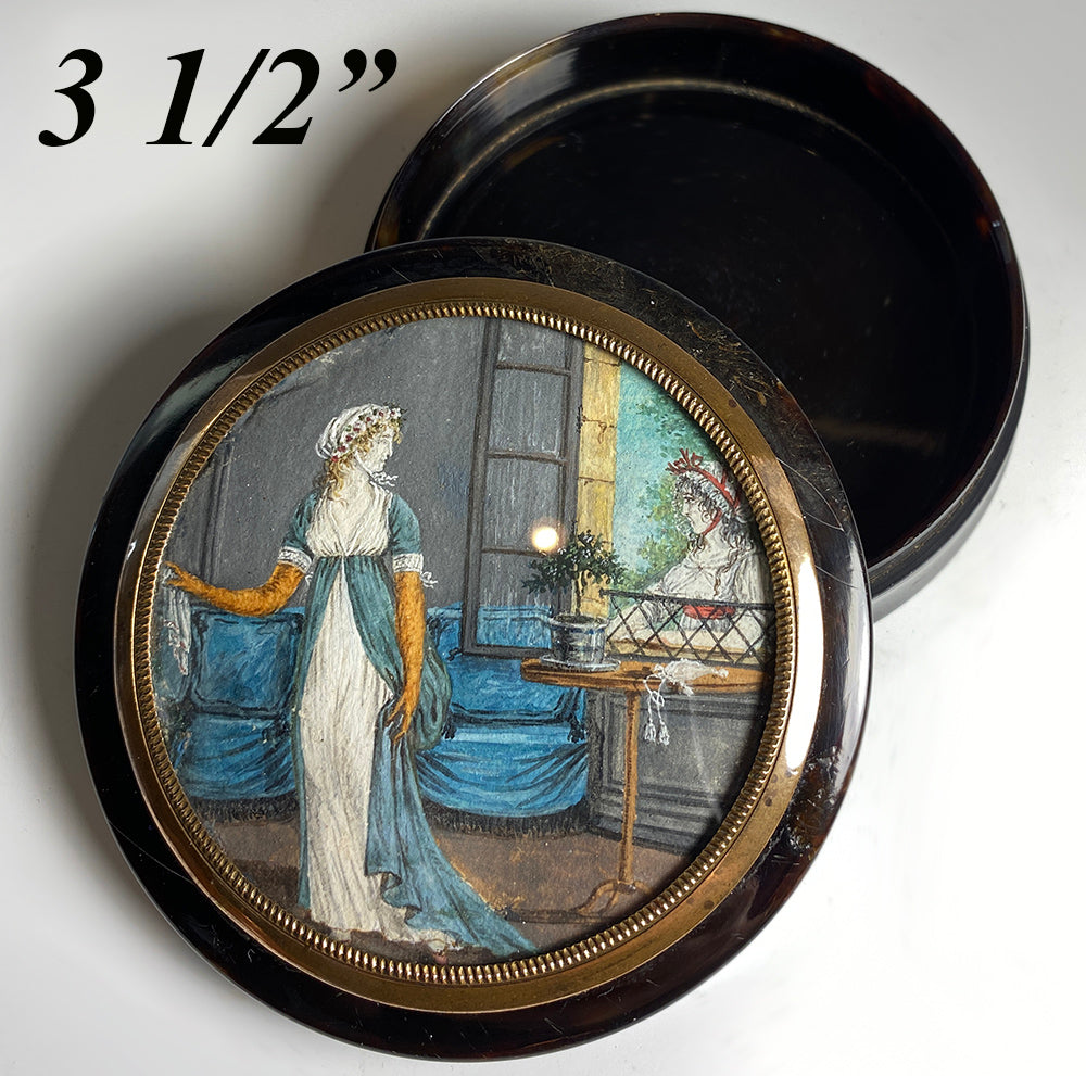 Antique French Portrait Miniature, Interior Painting Table Snuff Box, c.1800, Tortoise Shell