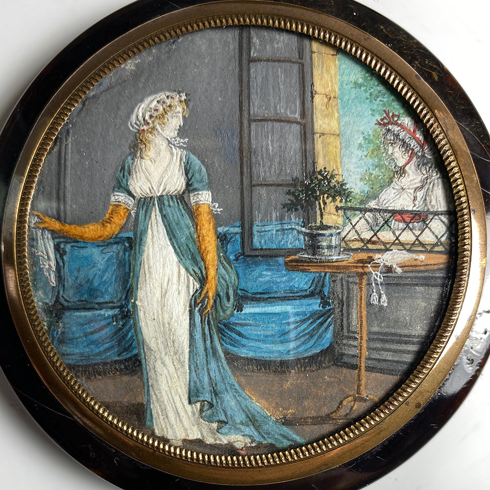 Antique French Portrait Miniature, Interior Painting Table Snuff Box, c.1800, Tortoise Shell