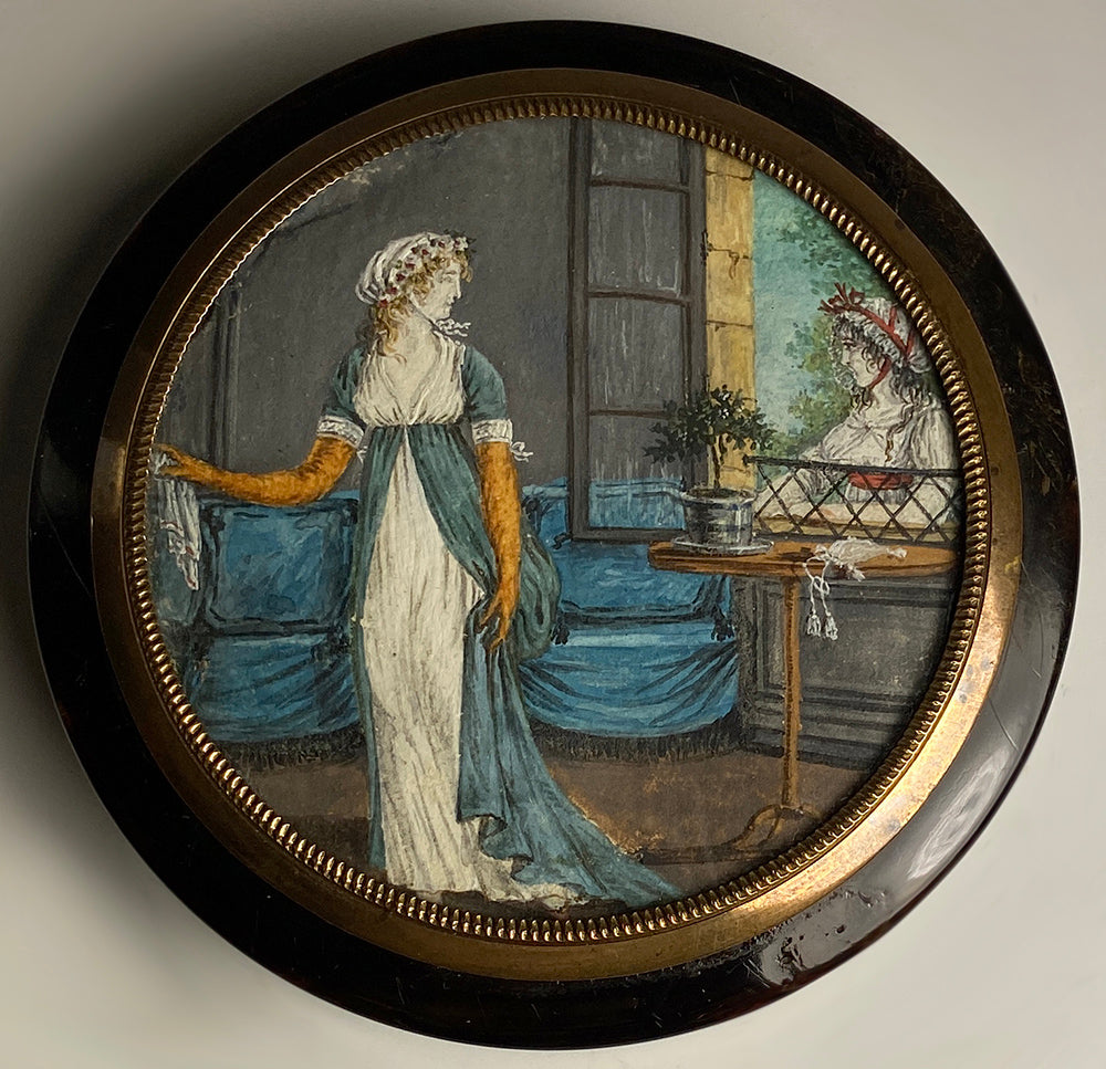 Antique French Portrait Miniature, Interior Painting Table Snuff Box, c.1800, Tortoise Shell