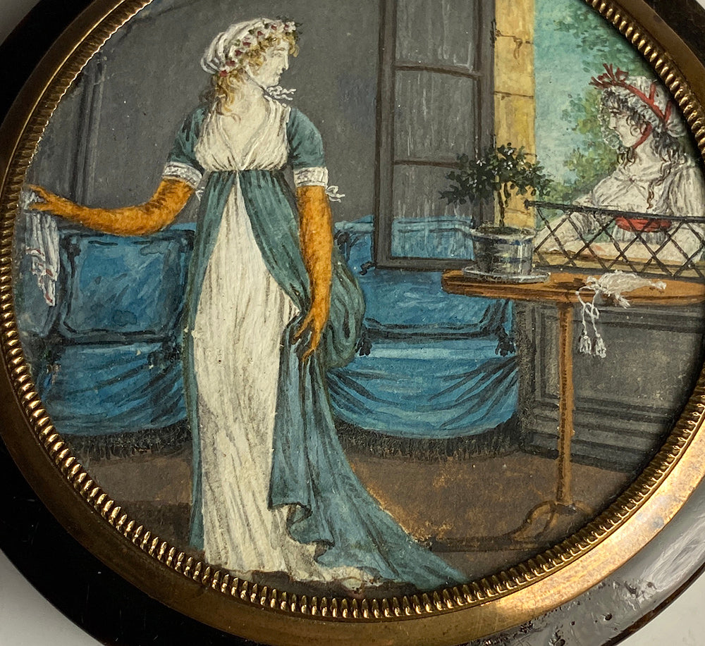 Antique French Portrait Miniature, Interior Painting Table Snuff Box, c.1800, Tortoise Shell