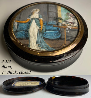 Antique French Portrait Miniature, Interior Painting Table Snuff Box, c.1800, Tortoise Shell