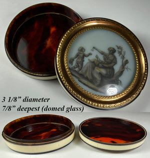 Antique French Bonboniere or Snuff Box, c.1770-1800, Tortoise Shell and Ivory, Miniature Portrait Painting