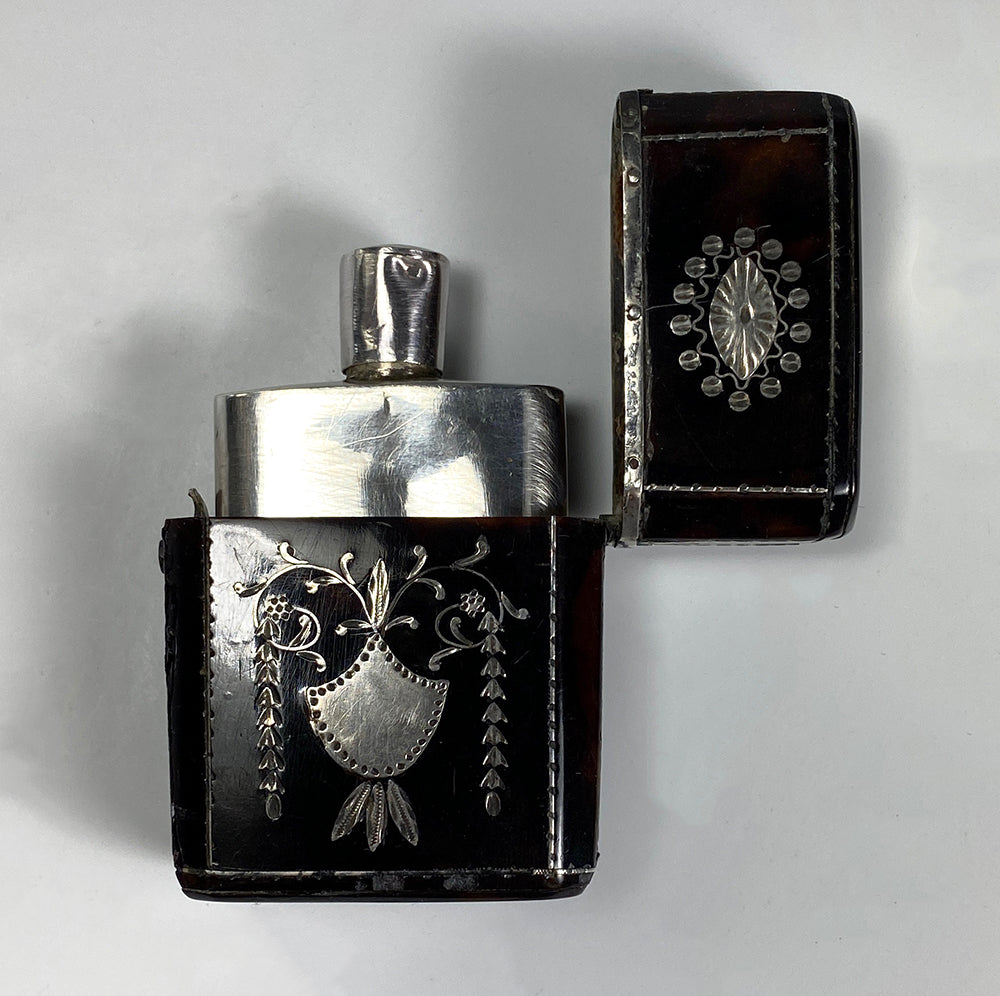 Antique French c.1800 Scent Flask, Bottle in Etui of Tortoise Shell & Sterling Silver Pique