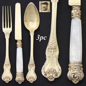 Antique French 18k Gold on Sterling Silver "Vermeil" 3pc Flatware Place Setting for One, Pearl Handled Knife