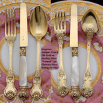 Antique French 18k Gold on Sterling Silver "Vermeil" 3pc Flatware Place Setting for One, Pearl Handled Knife