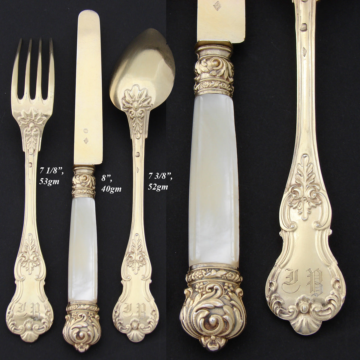 Antique French 18k Gold on Sterling Silver "Vermeil" 3pc Flatware Place Setting for One, Pearl Handled Knife