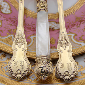 Antique French 18k Gold on Sterling Silver "Vermeil" 3pc Flatware Place Setting for One, Pearl Handled Knife