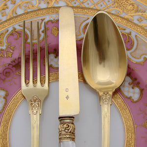 Antique French 18k Gold on Sterling Silver "Vermeil" 3pc Flatware Place Setting for One, Pearl Handled Knife