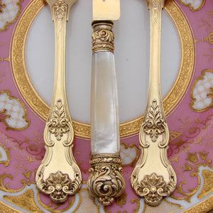 Antique French 18k Gold on Sterling Silver "Vermeil" 3pc Flatware Place Setting for One, Pearl Handled Knife