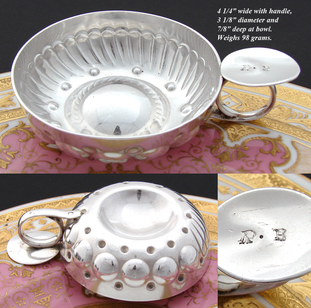 Elegant Antique French Sterling Silver “Tastevin" or Wine Tasting Cup, Shaped Bowl, Finger Ring