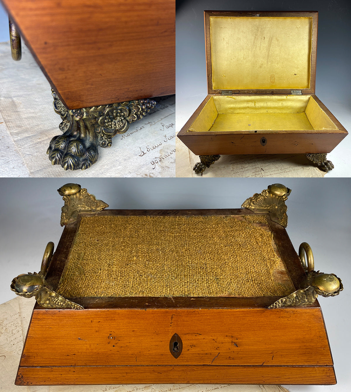 Beautiful 18th c. Georgian Era French Sewing Box, Jewelry Box, Sarcophagus, Paw Feet, Appliques
