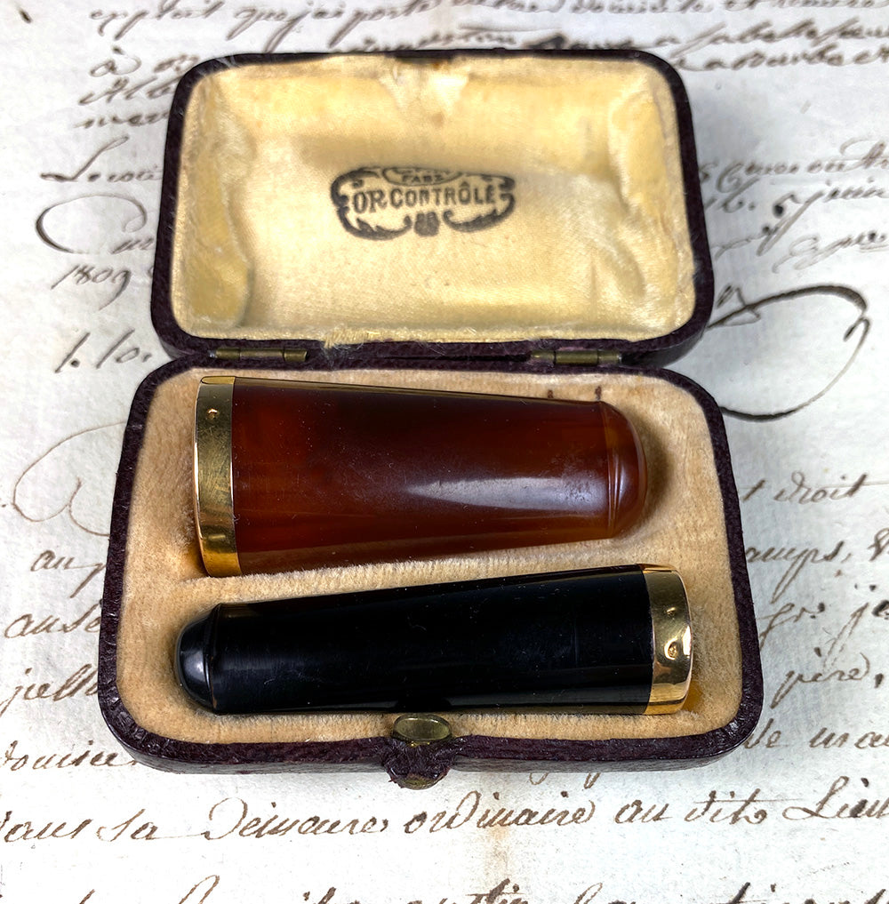 Antique French 18k Gold, Amber, Ebony Cigar Cheroot, Cigarette Holder Set in Etui, Case