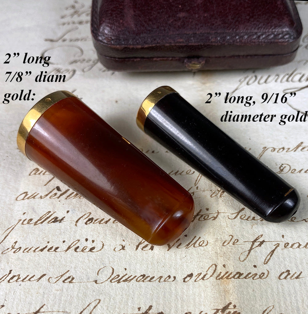 Antique French 18k Gold, Amber, Ebony Cigar Cheroot, Cigarette Holder Set in Etui, Case