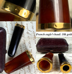 Antique French 18k Gold, Amber, Ebony Cigar Cheroot, Cigarette Holder Set in Etui, Case