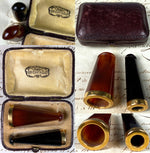 Antique French 18k Gold, Amber, Ebony Cigar Cheroot, Cigarette Holder Set in Etui, Case