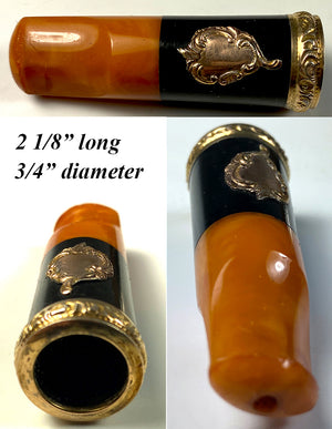 Superb Antique French 18k Gold Trimmed Amber and Ebony Cigar Holder, c.1890-1915