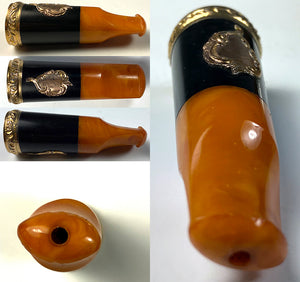 Superb Antique French 18k Gold Trimmed Amber and Ebony Cigar Holder, c.1890-1915