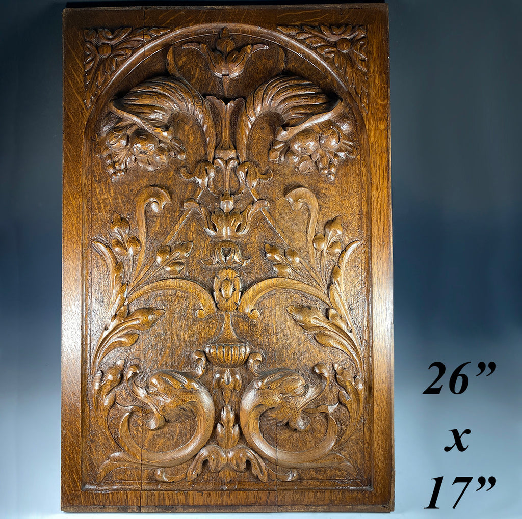 Magnificent 19th c. HC Neo-renaissance Cabinet or Paneling Board, 26" x 17", Cornucopia, Dolphins