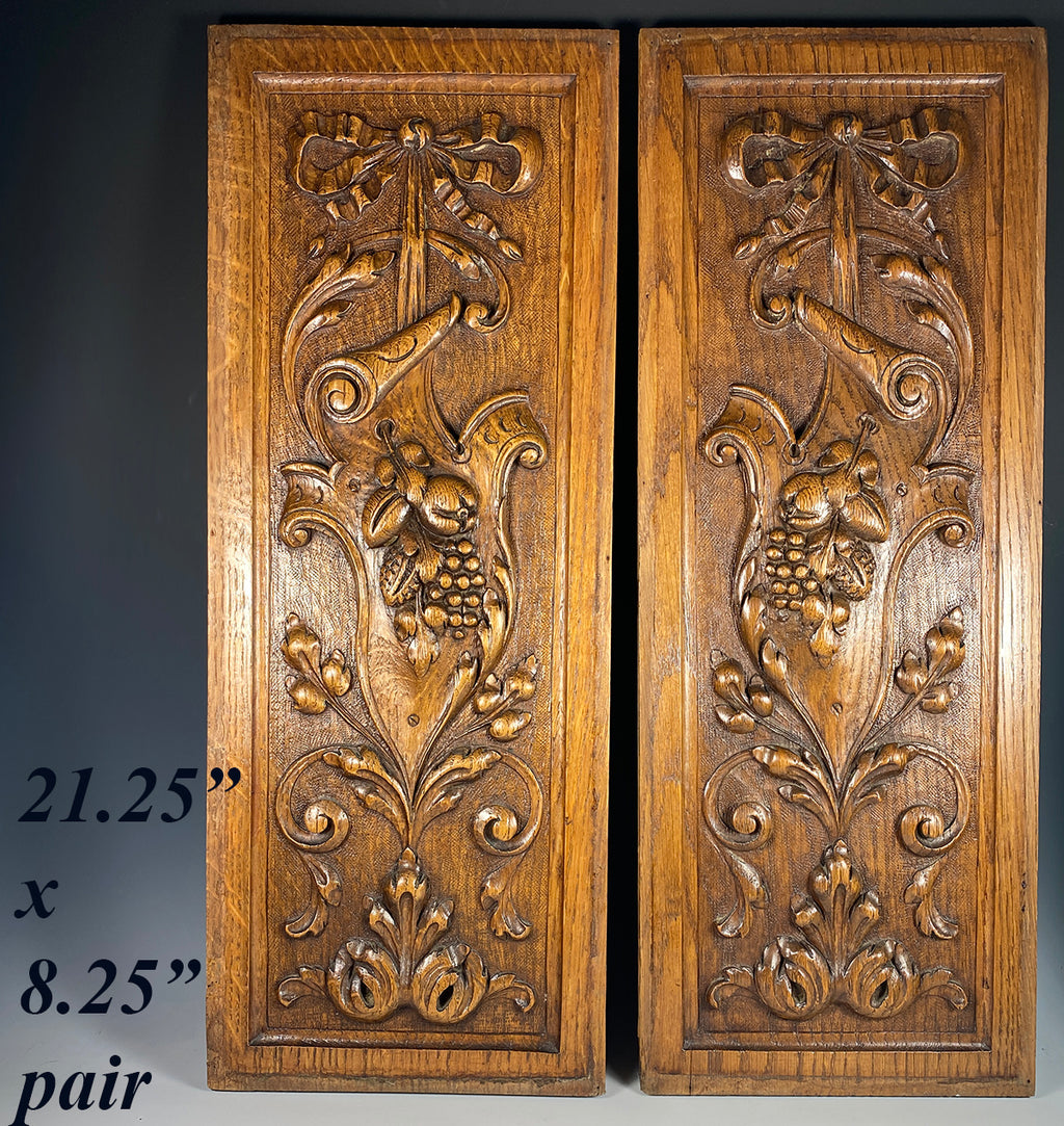 Antique French Hand Carved Cabinet Door Pair, 2 Neo-renaissance Fruit, Acanthus in Oak