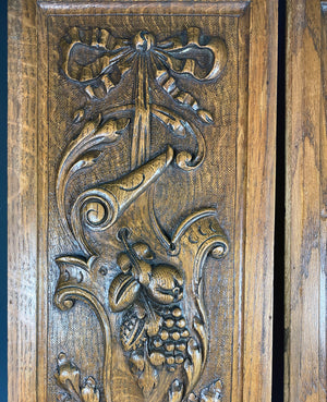 Antique French Hand Carved Cabinet Door Pair, 2 Neo-renaissance Fruit, Acanthus in Oak