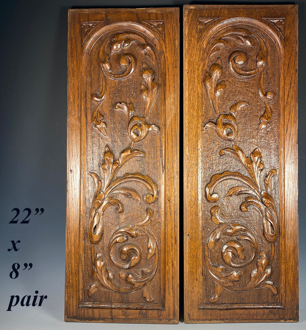 Antique French Hand Carved Cabinet Door Pair, 2 Neo-renaissance Acanthus in Oak