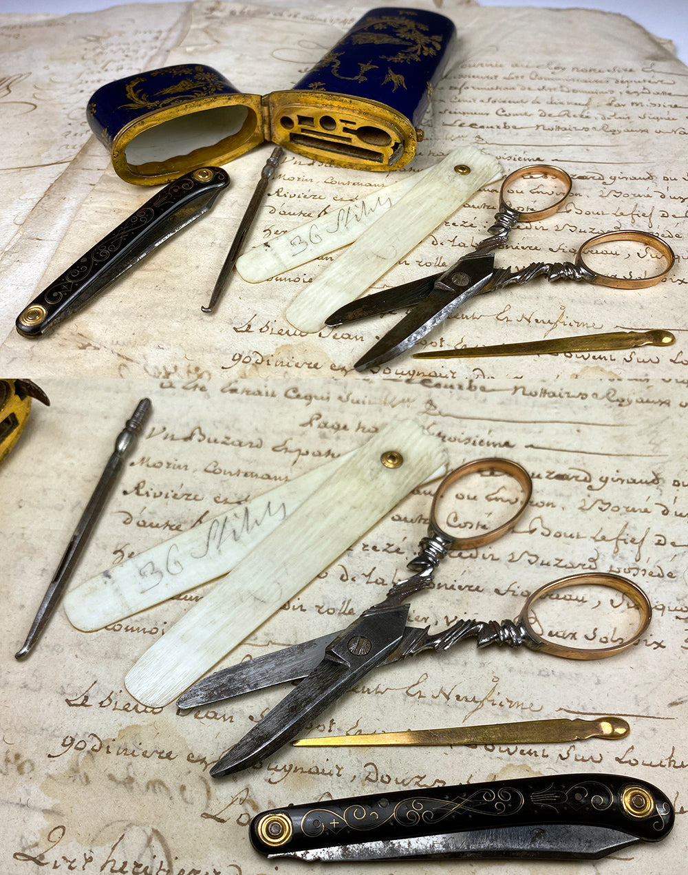 RARE c.1750s Kiln-fired Enamel, Raised Gold Vest Necessaire, Georgian Etui, Vanity Set, 18k Scissors, etc., Pocket Knife