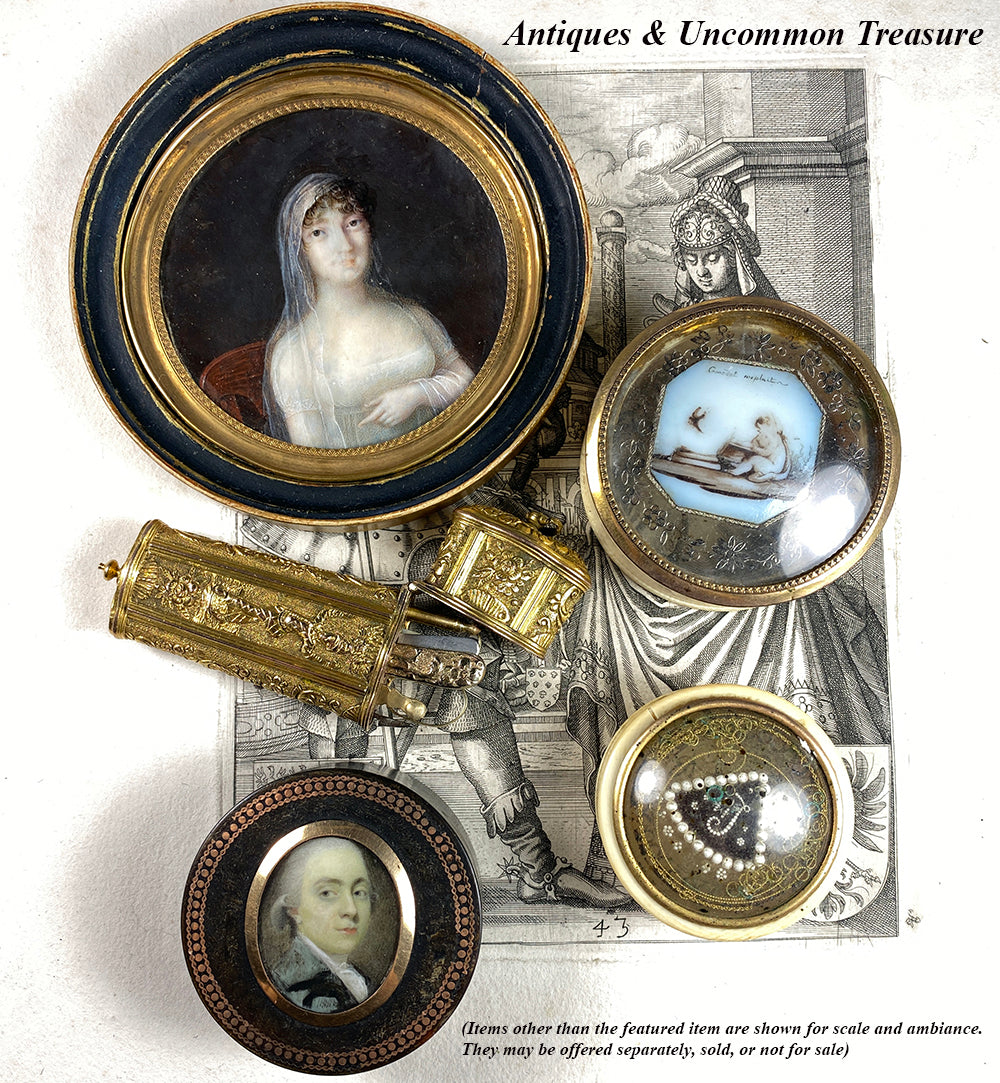 Rare c.1750-80s French Bonboniere, Confectioner's Box or Snuff, Opaline Glass, Ivory, Hand Painted Miniature Portrait, Bonbon