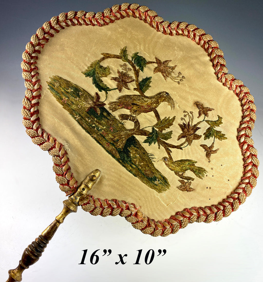 Superb Antique c.1820s French Face Screen Silk Chenille Embroidery on Silk, Passementerie