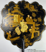 Antique French Papier Mache Face Screen, Chinoiserie Asian Figural in Black Gold, Napoleon III