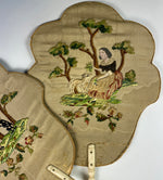 Pair (2) Silk Embroidered Chenille on Silk Face Screen Set, Dog, Lamb, 2 People and Ivory Handles
