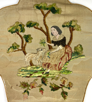 Pair (2) Silk Embroidered Chenille on Silk Face Screen Set, Dog, Lamb, 2 People and Ivory Handles