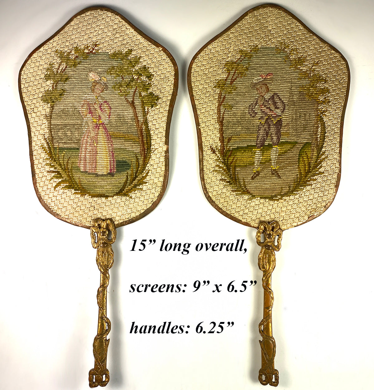 Fine Pair (2), Victorian Napoleon III French Needlework Face Screen Set, Bow Top Handles