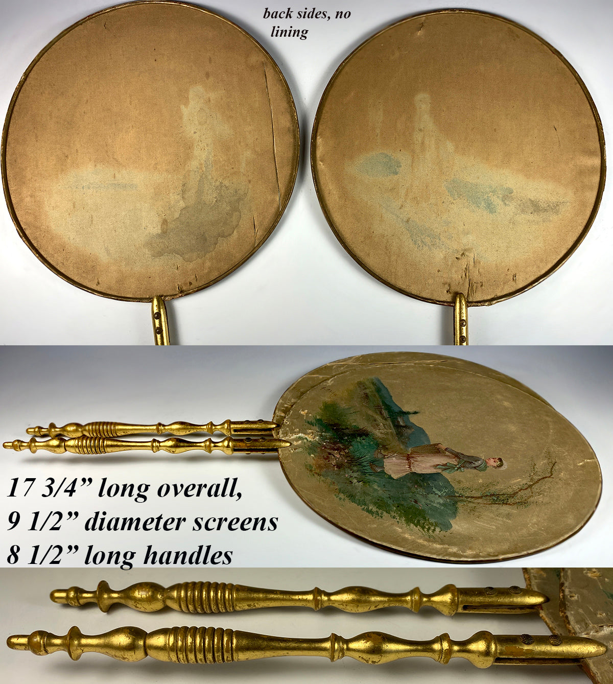 Pair (2) Hand Painted Silk French Face Screen Pair, Signed by Artist, Lathe-turned Handles