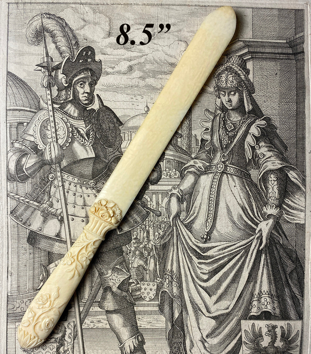 Antique French Hand Carved Ivory Paper Knife or Letter Opener, Dieppe 17th to early 18th Century, Flower Basket