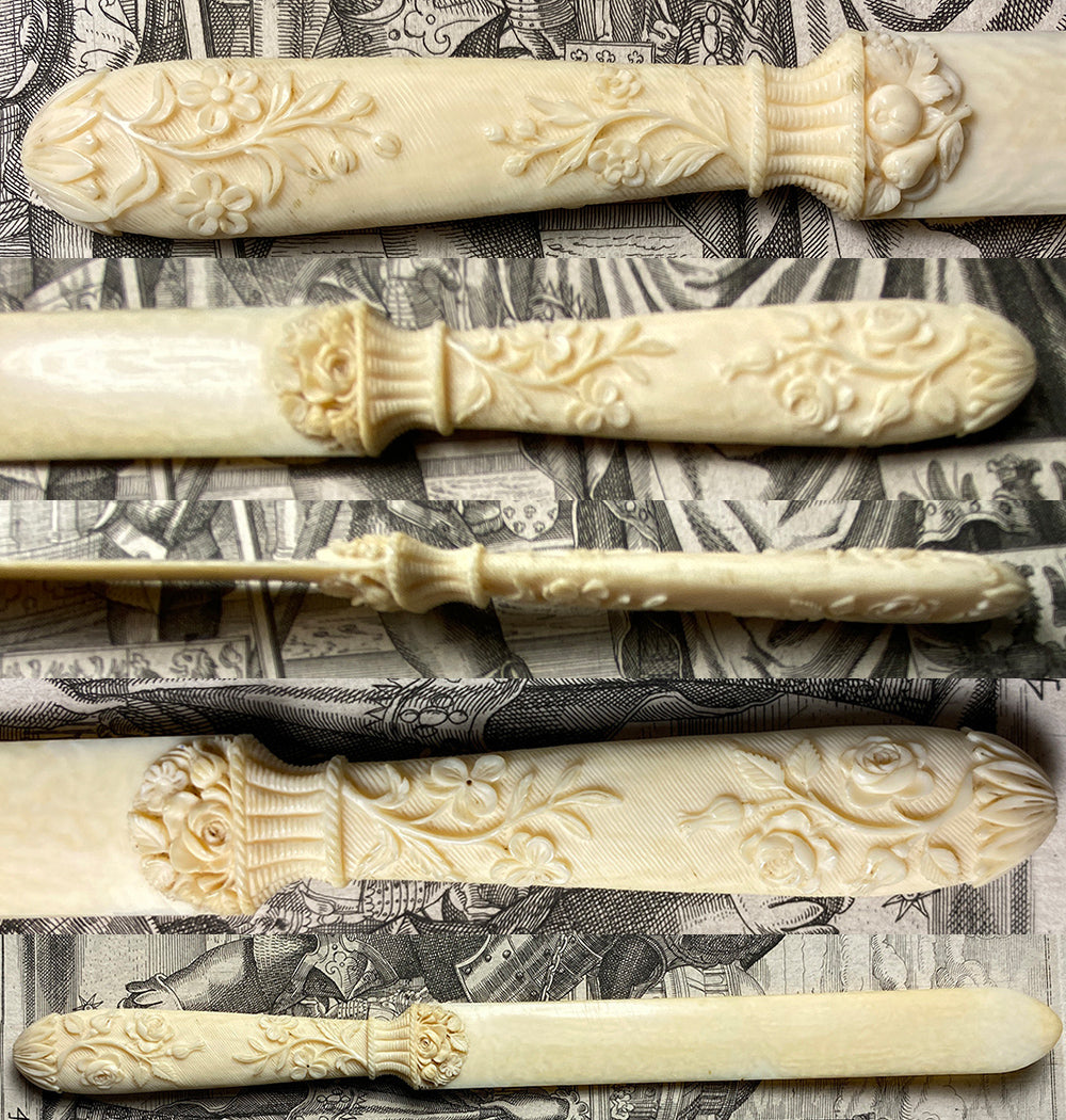 Antique French Hand Carved Ivory Paper Knife or Letter Opener, Dieppe 17th to early 18th Century, Flower Basket