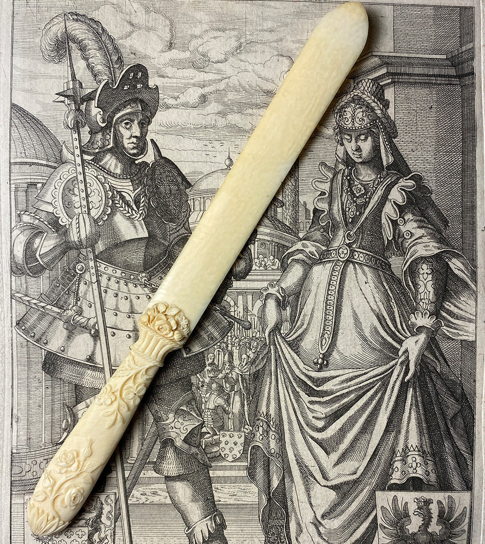 Antique French Hand Carved Ivory Paper Knife or Letter Opener, Dieppe 17th to early 18th Century, Flower Basket