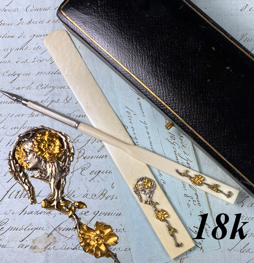 Fine Antique French 18k Gold, Sterling Silver Pen, Letter Opener