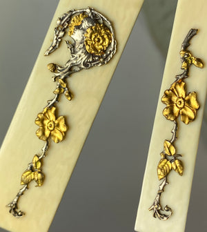 Fine Antique French 18k Gold, Sterling Silver Pen, Letter Opener Set, Art Nouveau Figural on Ivory