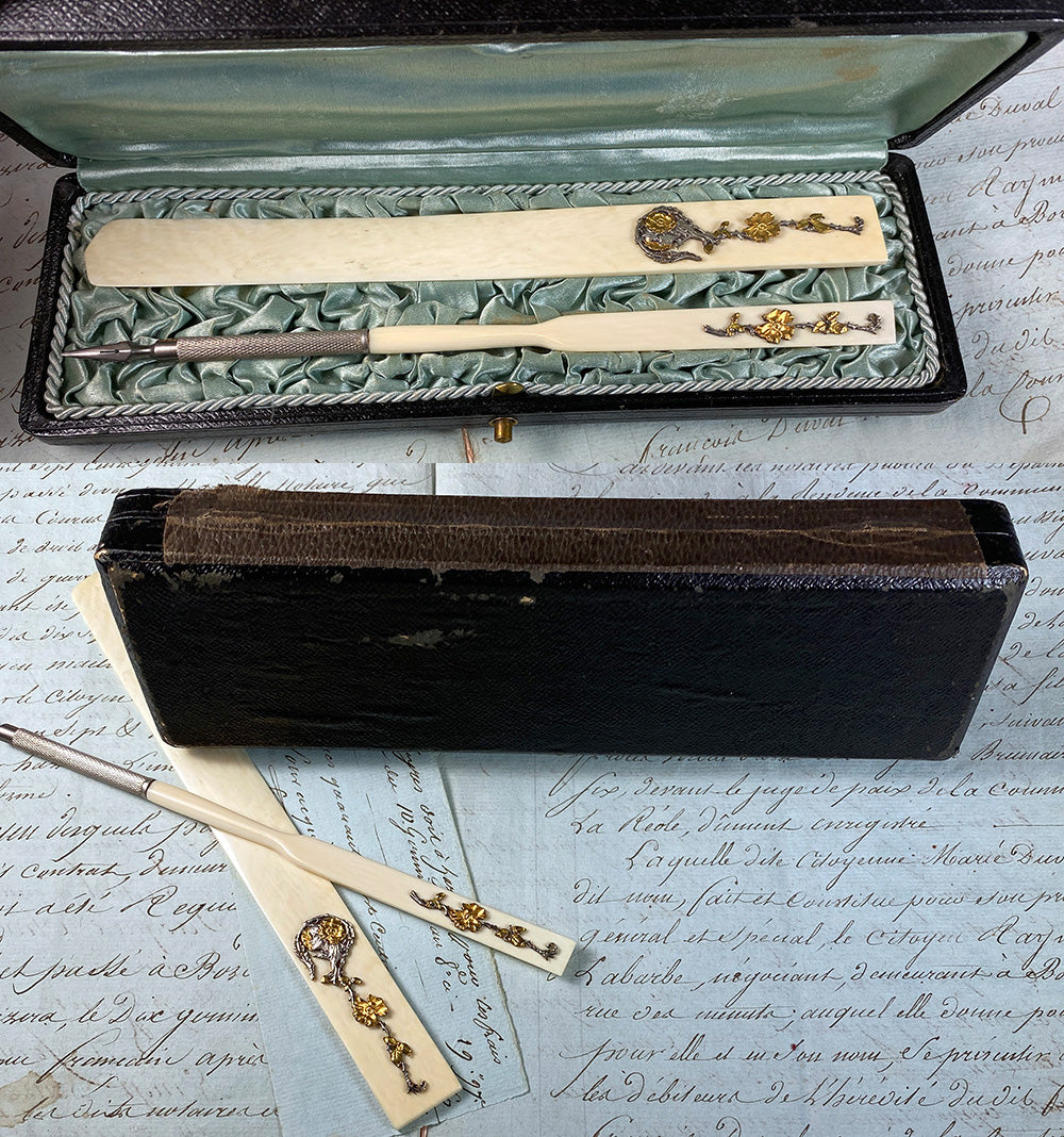 Fine Antique French 18k Gold, Sterling Silver Pen, Letter Opener Set, Art Nouveau Figural on Ivory